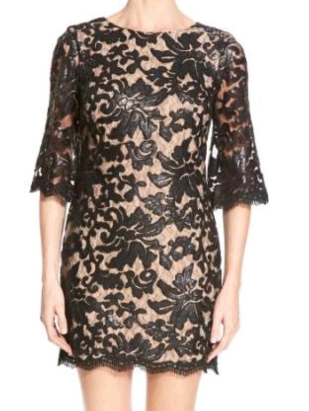 Dress The Population Melody Sequins Nude Lace Black Dress Mini Fraled Sleeve  S